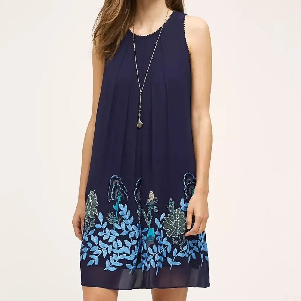 ANTHROPOLOGIE Not So Serious Navy Blue Floral Beaded Woodvine Swing Dress